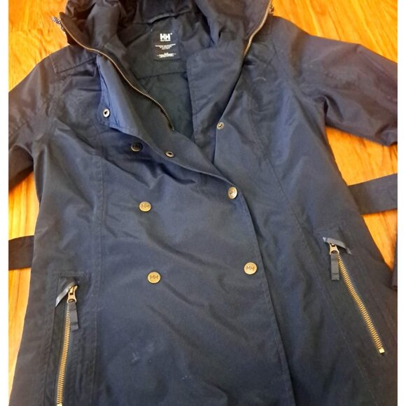 Womens Helly Hansen Welsey Trench Raincoat Hooded Pockets Navy Blue Size S - Picture 2 of 8